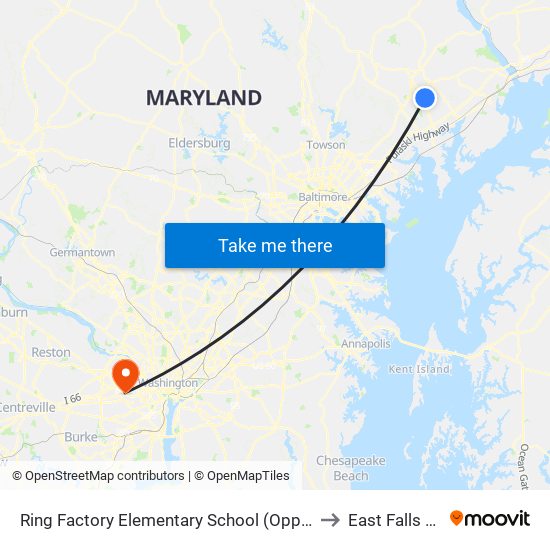 Ring Factory Elementary School (Opposite Emmorton Rd/Rt 924 & Lexington Rd) to East Falls Church, Virginia map