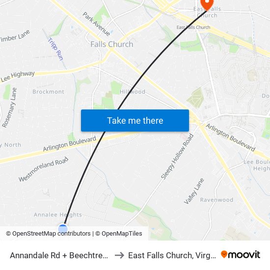 Annandale Rd + Beechtree Ln to East Falls Church, Virginia map