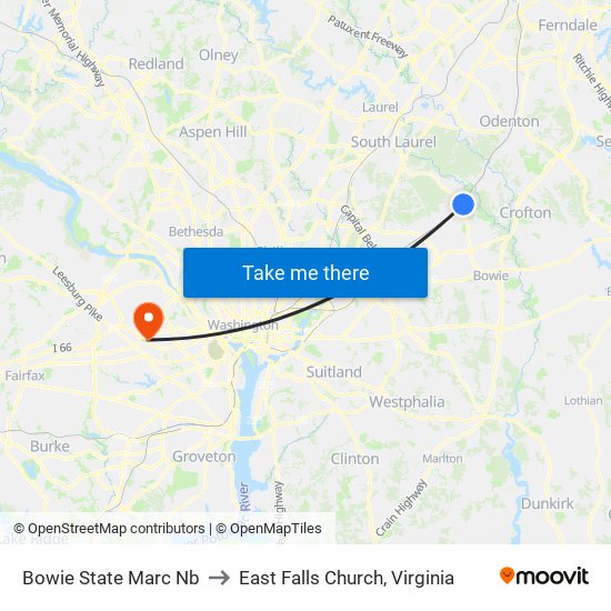 Bowie State Marc Nb to East Falls Church, Virginia map