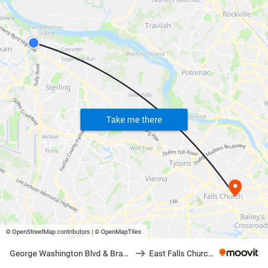 George Washington Blvd & Braeton Bay Terrace to East Falls Church, Virginia map