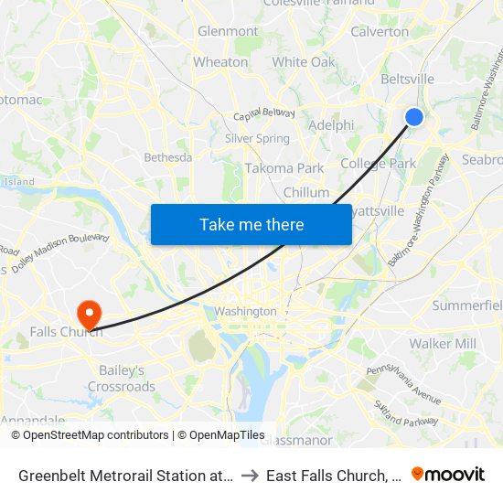 Greenbelt Metrorail Station at Bus Bay A to East Falls Church, Virginia map