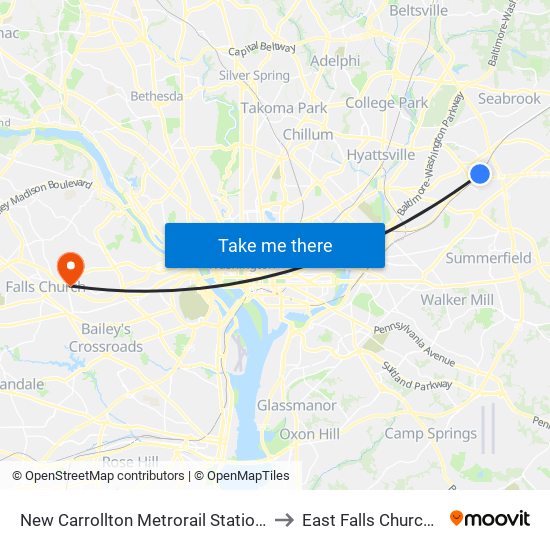 New Carrollton Metrorail Station at Bus Bay F to East Falls Church, Virginia map