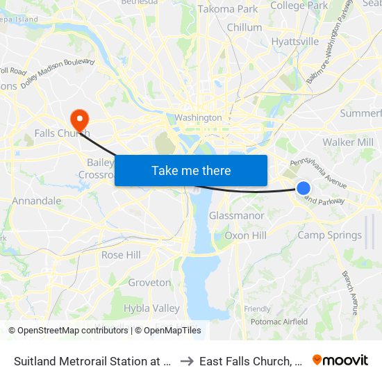 Suitland Metrorail Station at Bus Bay D to East Falls Church, Virginia map