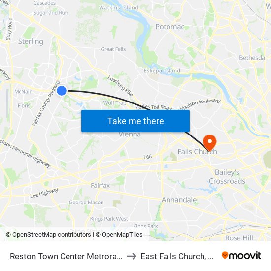 Reston Town Center Metrorail Station to East Falls Church, Virginia map