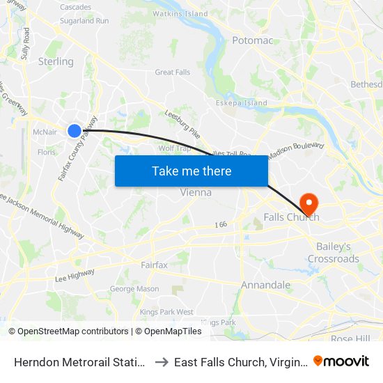 Herndon Metrorail Station to East Falls Church, Virginia map