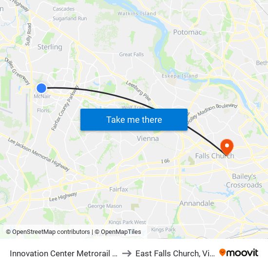 Innovation Center Metrorail Station to East Falls Church, Virginia map
