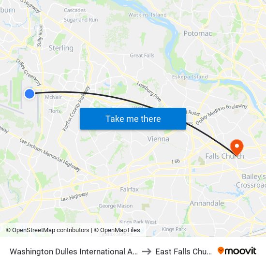 Washington Dulles International Airport Metrorail Station to East Falls Church, Virginia map