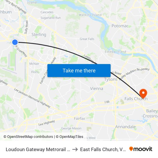 Loudoun Gateway Metrorail Station to East Falls Church, Virginia map
