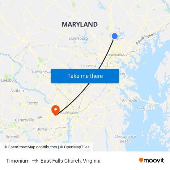 Timonium to East Falls Church, Virginia map