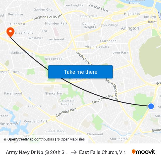 Army Navy Dr Nb @ 20th St S FS to East Falls Church, Virginia map