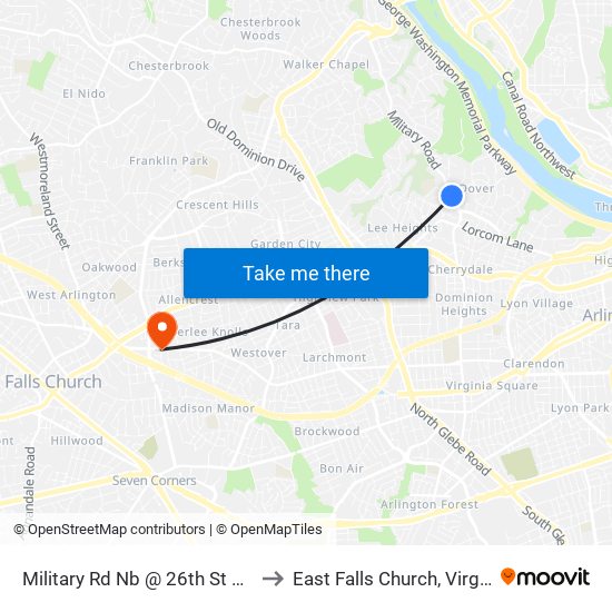 Military Rd Nb @ 26th St N Ns to East Falls Church, Virginia map