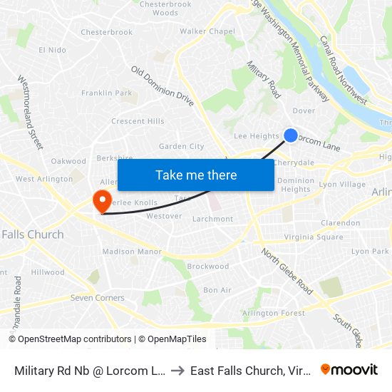 Military Rd Nb @ Lorcom Ln Ns to East Falls Church, Virginia map