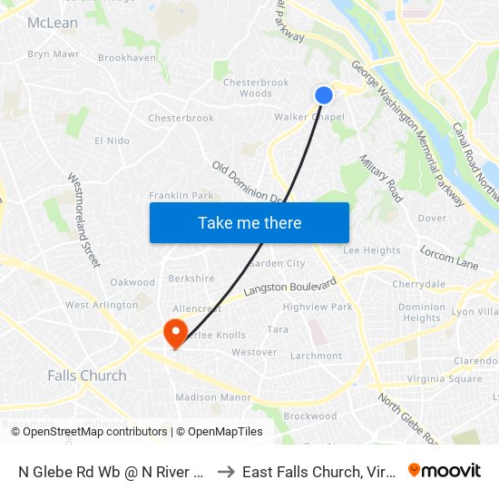 N Glebe Rd Wb @ N River St Ns to East Falls Church, Virginia map