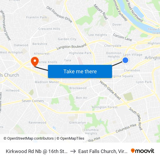 Kirkwood Rd Nb @ 16th St N FS to East Falls Church, Virginia map