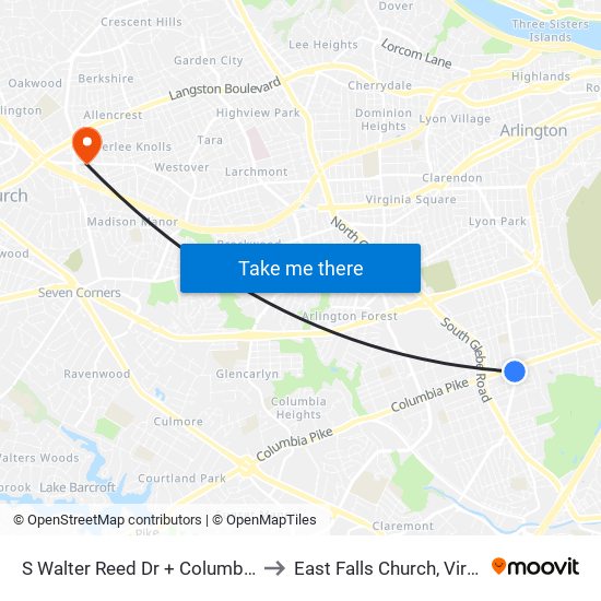 S Walter Reed Dr + Columbia Pk to East Falls Church, Virginia map