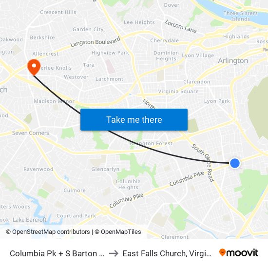 Columbia Pk + S Barton St to East Falls Church, Virginia map