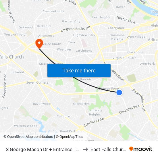 S George Mason Dr + Entrance To National Guard Ce to East Falls Church, Virginia map