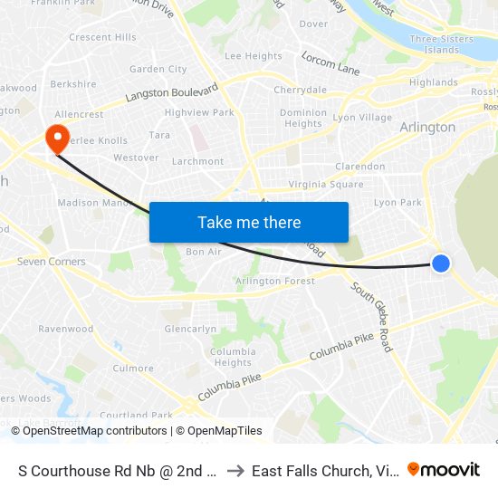 S Courthouse Rd Nb @ 2nd St S Ns to East Falls Church, Virginia map