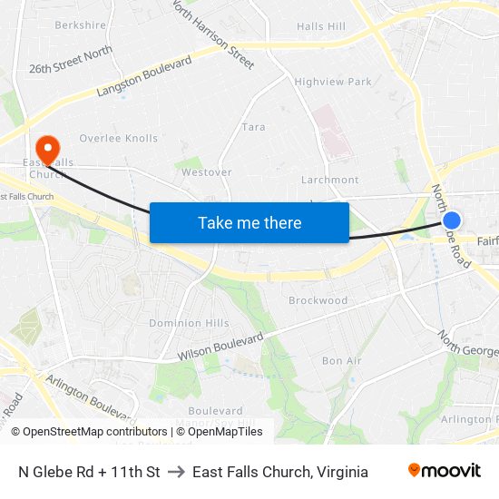 N Glebe Rd + 11th St to East Falls Church, Virginia map