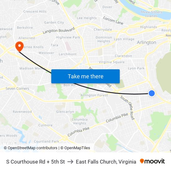 S Courthouse Rd + 5th St to East Falls Church, Virginia map