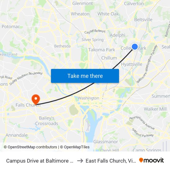 Campus Drive at Baltimore Avenue to East Falls Church, Virginia map