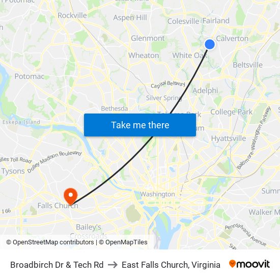 Broadbirch Dr & Tech Rd to East Falls Church, Virginia map