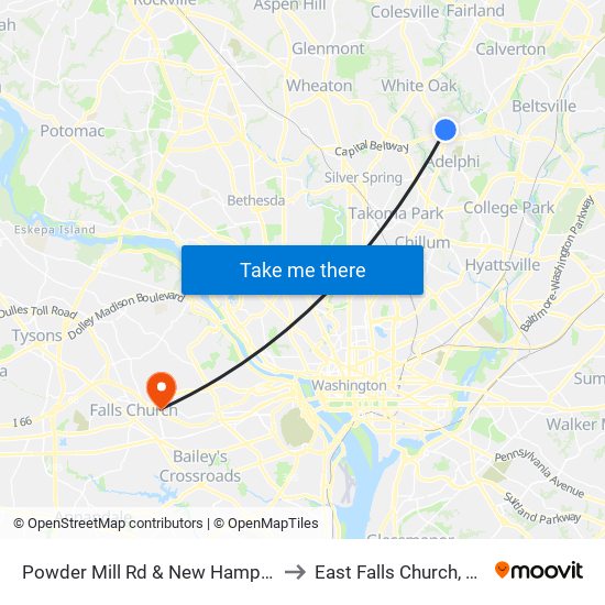 Powder Mill Rd & New Hampshire Ave to East Falls Church, Virginia map