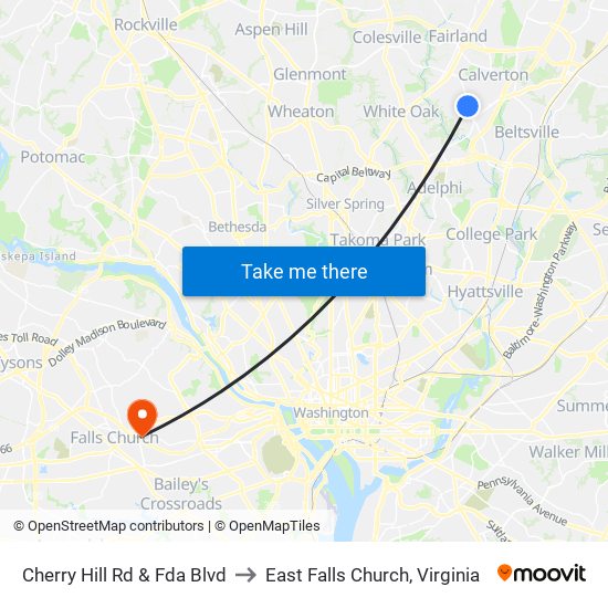 Cherry Hill Rd & Fda Blvd to East Falls Church, Virginia map