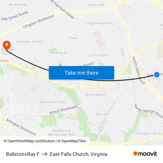 Ballston+Bay F to East Falls Church, Virginia map