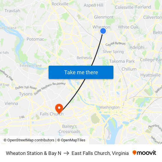 Wheaton Station & Bay N to East Falls Church, Virginia map