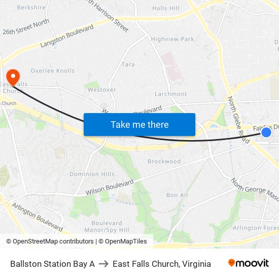 Ballston Station Bay A to East Falls Church, Virginia map