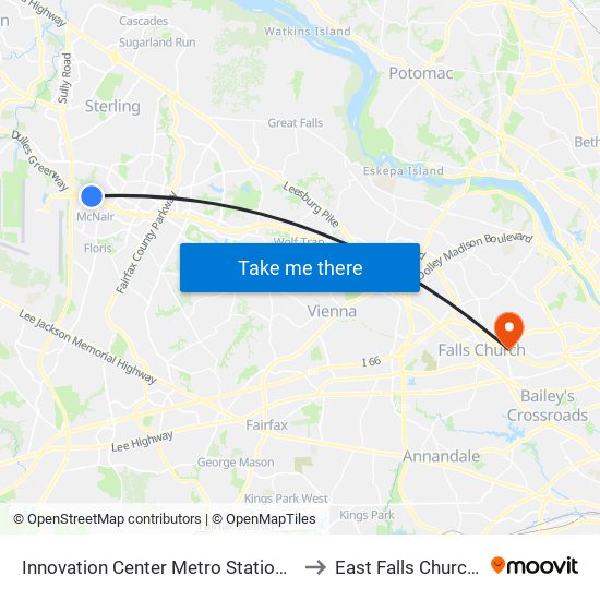 Innovation Center Metro Station - North Bus Bay to East Falls Church, Virginia map