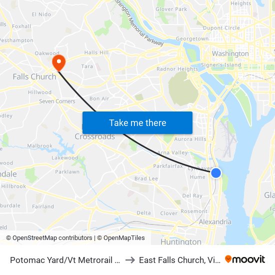 Potomac Yard/Vt Metrorail Station to East Falls Church, Virginia map