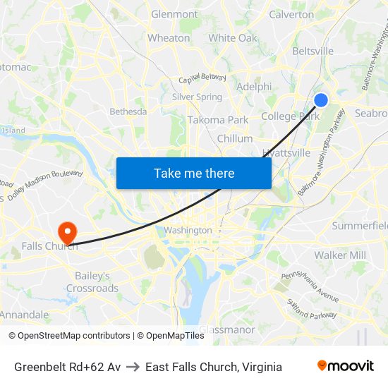 Greenbelt Rd+62 Av to East Falls Church, Virginia map