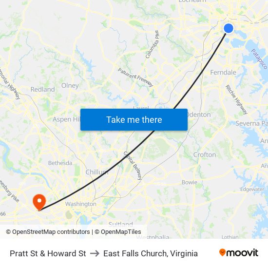 Pratt St & Howard St to East Falls Church, Virginia map