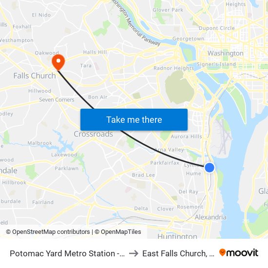 Potomac Yard Metro Station - Bus Bay A to East Falls Church, Virginia map