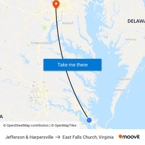 Jefferson & Harpersville to East Falls Church, Virginia map