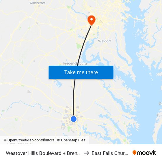 Westover Hills Boulevard + Brentwood South Apts to East Falls Church, Virginia map