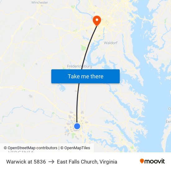 Warwick at 5836 to East Falls Church, Virginia map