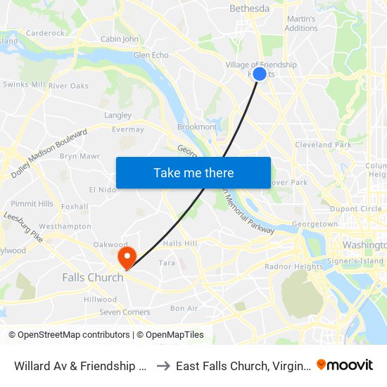 Willard Av & Friendship Bv to East Falls Church, Virginia map