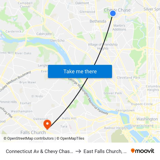 Connecticut Av & Chevy Chase Lake Dr to East Falls Church, Virginia map