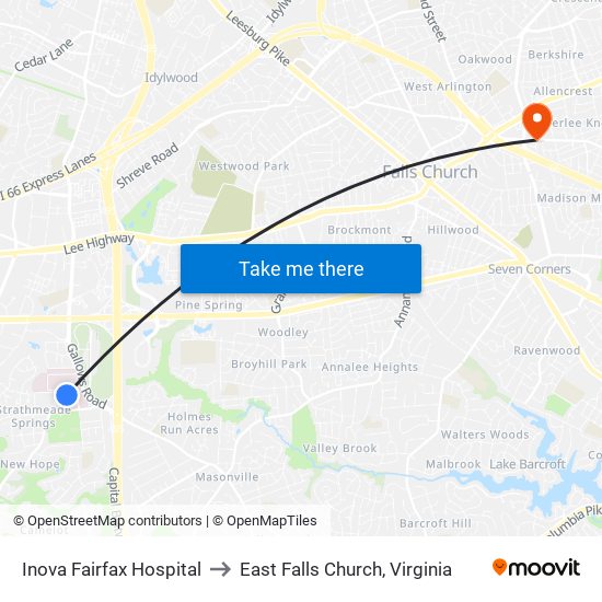 Fairfax Hospital to East Falls Church, Virginia map