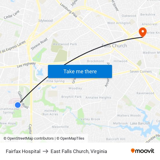 Fairfax Hospital to East Falls Church, Virginia map