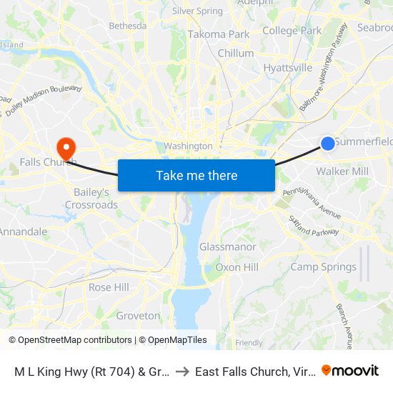 M L King Hwy (Rt 704) & Greig St to East Falls Church, Virginia map