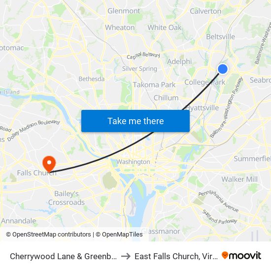 Cherrywood Lane & Greenbelt Rd to East Falls Church, Virginia map
