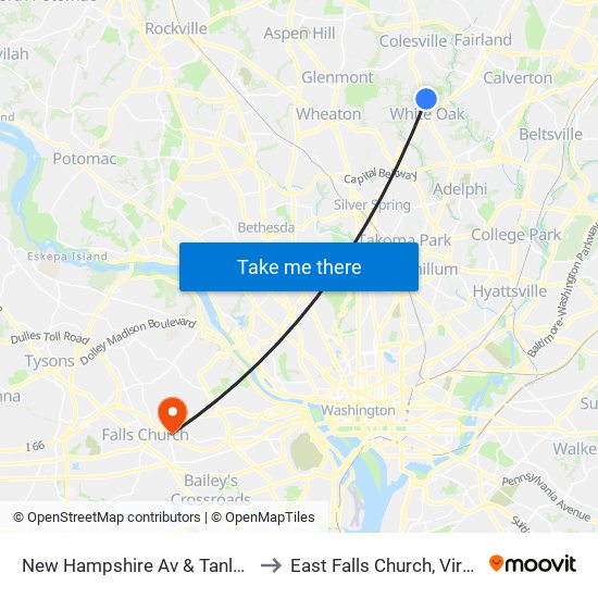 New Hampshire Av & Tanley Rd to East Falls Church, Virginia map