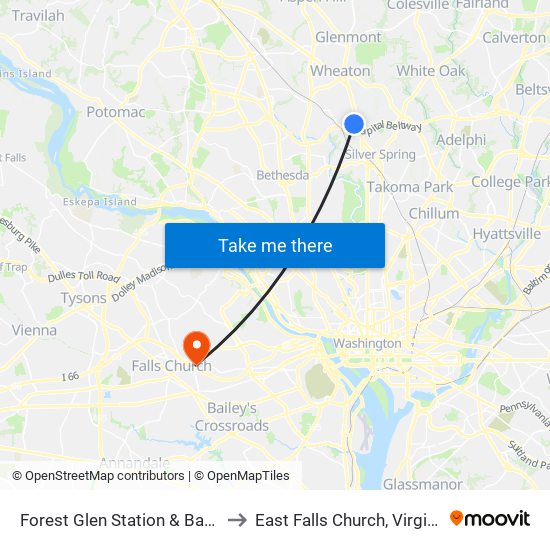 Forest Glen Station & Bay A to East Falls Church, Virginia map