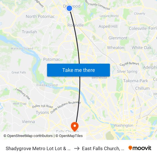 Shadygrove Metro Lot Lot & Metro Lot to East Falls Church, Virginia map