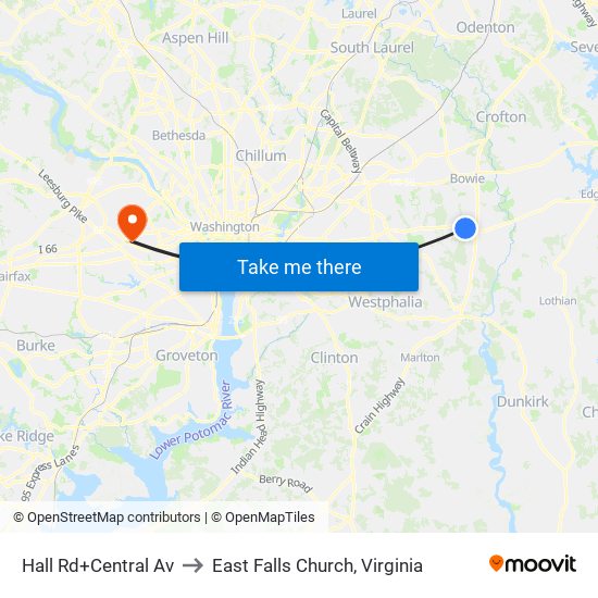 Hall Rd+Central Av to East Falls Church, Virginia map