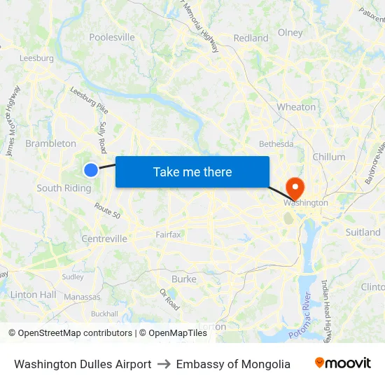 Washington Dulles Airport to Embassy of Mongolia map